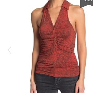 Free People Sexy Burnt Orange Sleeveless Ruffled Animal Print V Neck Top NWT
